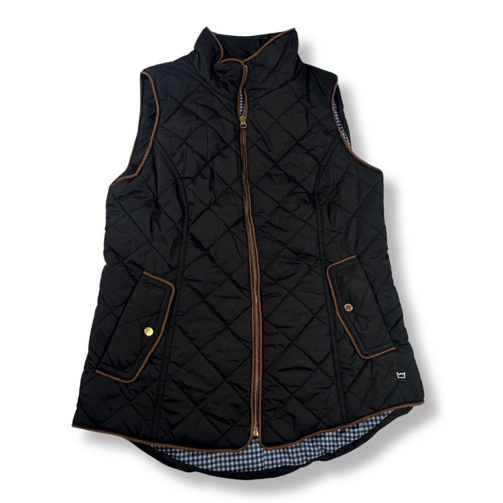 Crown & Ivy Quilted Puffer Vest Gingham Lined Equestrian Preppy Womens Black S
